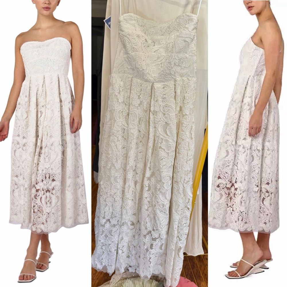 Anthropologie - Lace strapless white midi a line dress